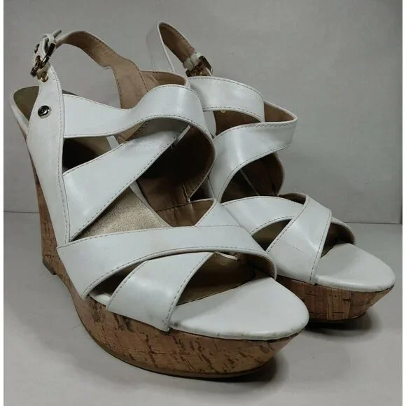 G by Guess Women's White Faux Leather 5" Cork Wedge Heel Strappy Sandal 8.5 M - Picture 2 of 12
